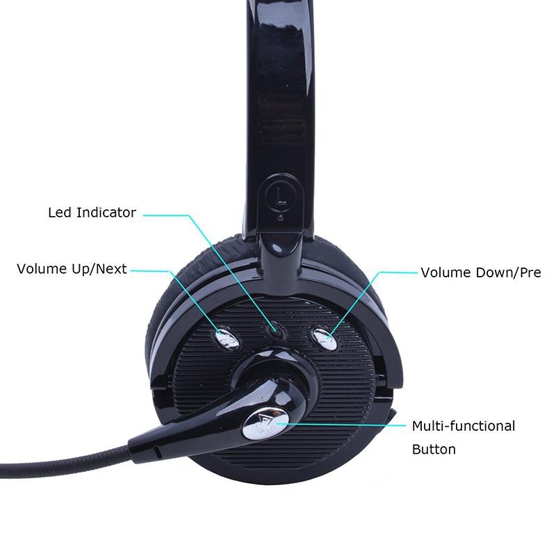 Bluetooth Headset with Microphone, Over-The-Head Wireless Stereo Headphones (Music Streaming, Hands-Free In Car, Up To 12 Hours, Noise Cancelling) for Truck Drivers and Telephone Operator (Black) [<lun>]