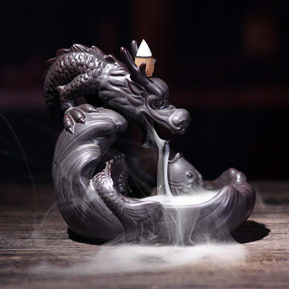 Exquisite Retro dragon Porcelain Ceramic Backflow Incense Burner Holder Buddhist Censer Decoration w/ 20 pcs Incense Cones