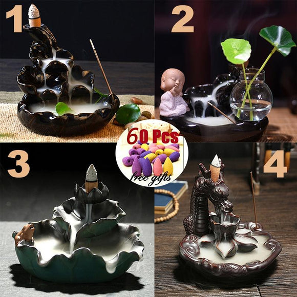 New Ceramic Incense Burner Feng Shui Tibet Holder Buddhist Censer + 60 Backflow Cone