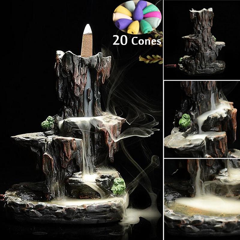 Handmade Ceramic Backflow Incense Holder Waterfall Incense Burner, Aromatherapy Ornament Home Decor Meditation Yoga +  20 Backflow Incense Cones [<lun>]
