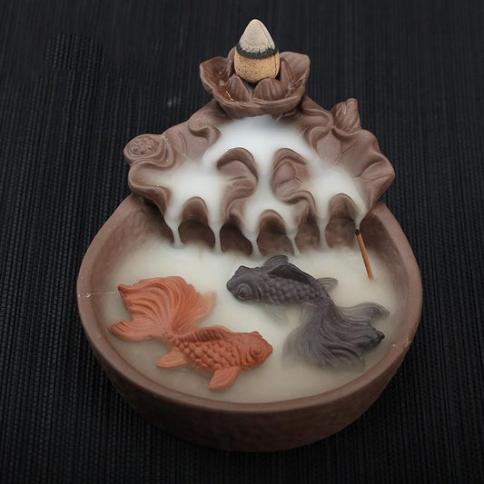 Two Fishes Ceramic Round Handmade  Backflow Incense Holder  Burner, Aromatherapy Ornament Home Decor Meditation Yoga [<lun>]