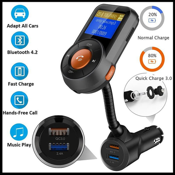 New Bluetooth FM Transmitter, Auto-Scan FM Wireless Radio Adapter Receiver with 1.4 Display, Bluetooth 4.2, QC3.0/2.4A Dual Fast USB Charger and SD Card Support Hands-free Calling Car Kit [<lun>]