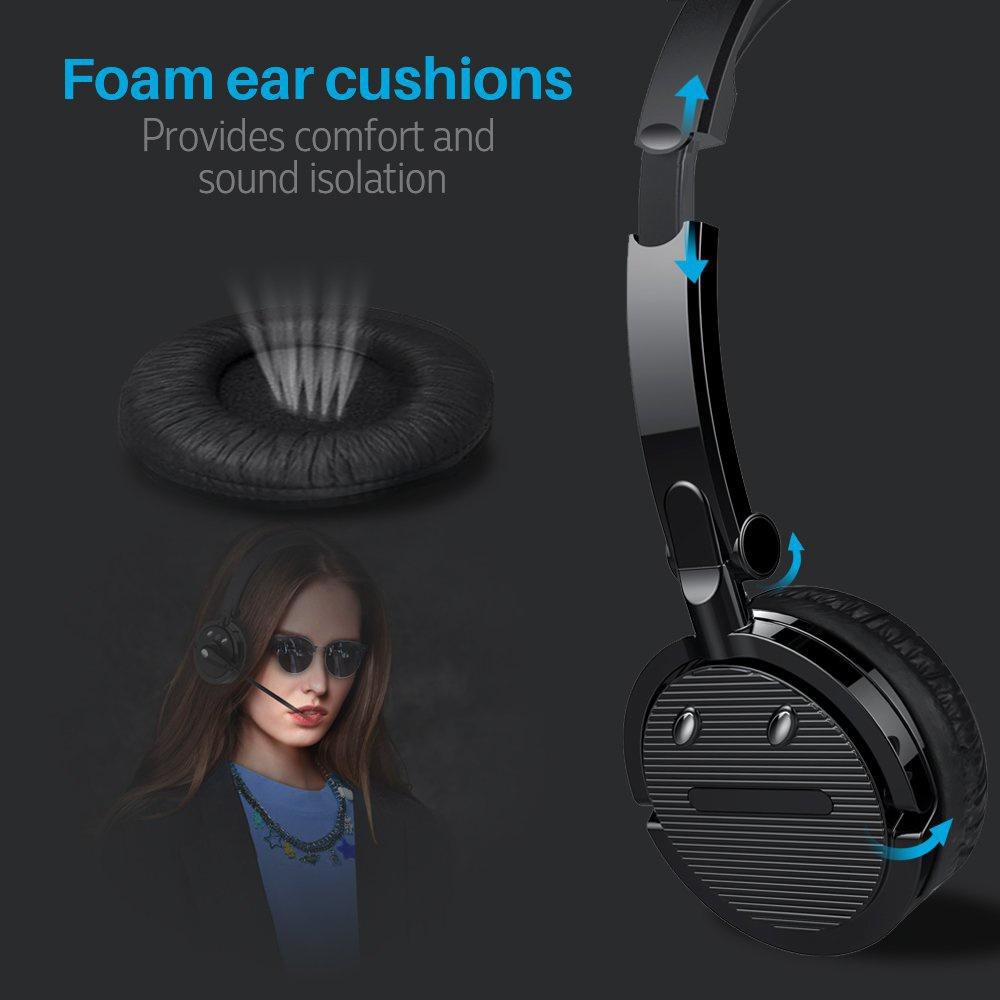 Bluetooth Headset with Microphone, Over-The-Head Wireless Stereo Headphones (Music Streaming, Hands-Free In Car, Up To 12 Hours, Noise Cancelling) for Truck Drivers and Telephone Operator (Black) [<lun>]