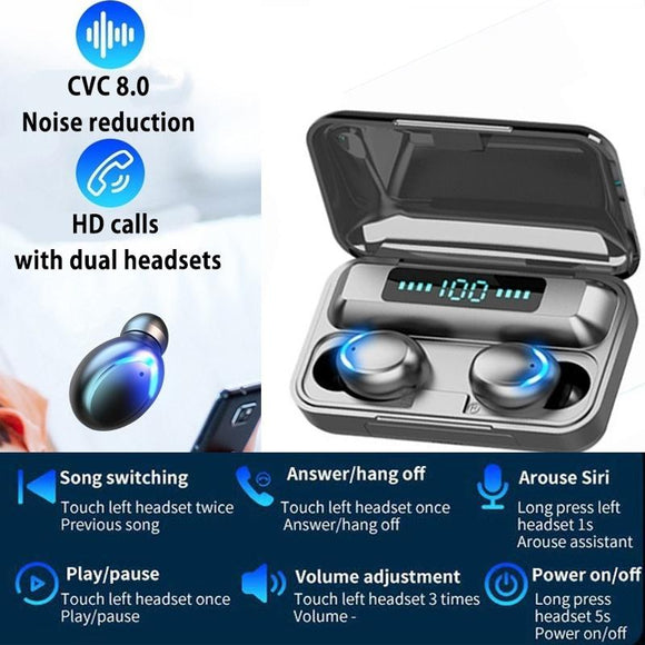 New 9D HiFi Bluetooth 5.0 CVC8.0 Noise Reduction Stereo Wireless TWS Bluetooth Headset LED Display Headset Waterproof Dual Headphones with Power Bank Charging Case (LED Binaural Version 4000mAh) [<lun>]