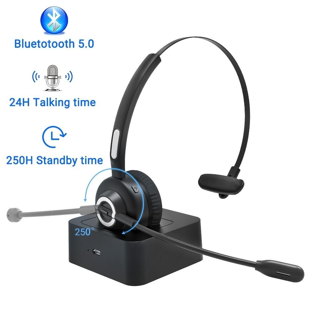 Trucker Bluetooth Headset with Charging Dock,On-Ear Office Wireless Headset with Noise Cancelling Microphone for Call Center,Mobile Phones, Laptop,Skype,VoIP,Truck Drivers,Supports Music