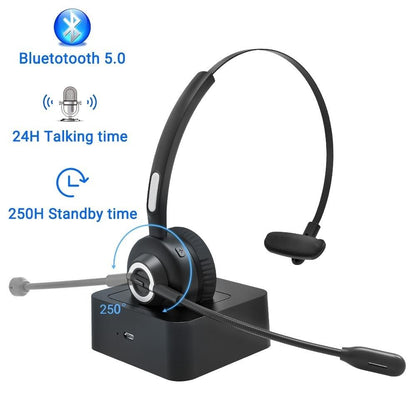 Trucker Bluetooth Headset with Charging Dock,On-Ear Office Wireless Headset with Noise Cancelling Microphone for Call Center,Mobile Phones, Laptop,Skype,VoIP,Truck Drivers,Supports Music