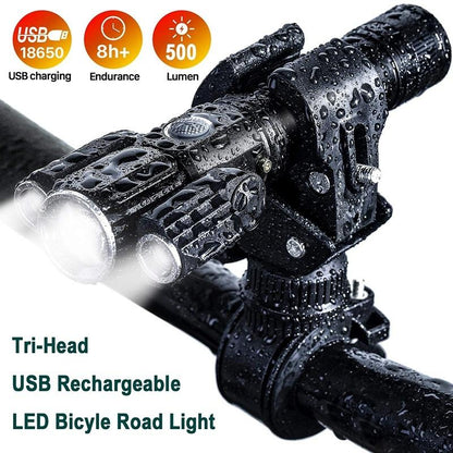 Three Head USB Rechargeable Bike Light Set Powerful Lumens Bicycle Light Road Bike Headlight