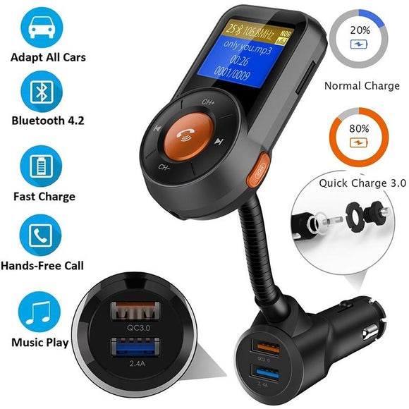 Bluetooth Hands-Free FM Transmitter for car,Auto Scan Wireless Radio Adapter Receiver Car Kit,QC3.0+2.4A Dual USB Music Car Charger,TF Card/AUX (Orange)