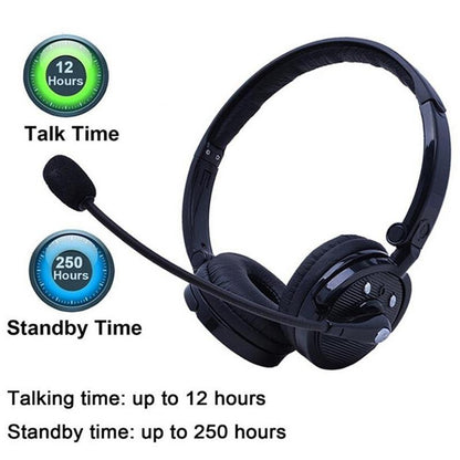 Bluetooth Headset with Microphone, Over-The-Head Wireless Stereo Headphones (Music Streaming, Hands-Free In Car, Up To 12 Hours, Noise Cancelling) for Truck Drivers and Telephone Operator (Black) [<lun>]