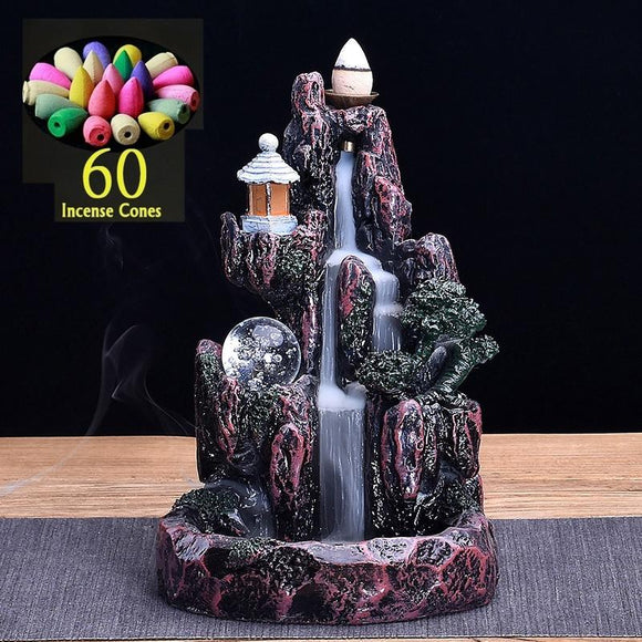 2020 Exquisite Ceramic Incense Burner Feng Shui Tibet Holder Buddhist Censer + 60 Backflow Cone