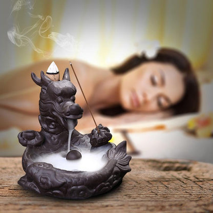 Cute little Ceramic dragon  Backflow Incense , Chinese traditional  Handmade Ceramic Home Decor  handmade gifts Can help sleep +  20 Backflow incense cones [<lun>]