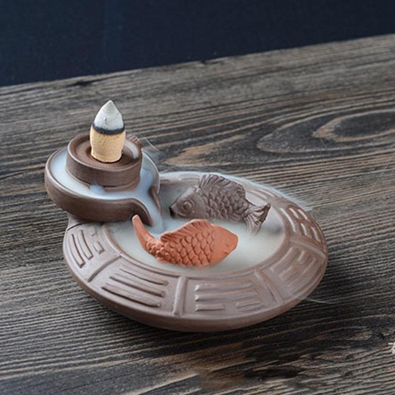 Characteristic Chinese style Handmade Ceramic Backflow Incense Holder Waterfall Incense Burner, Aromatherapy Ornament Home Decor Meditation Yoga +  20 Backflow Incense Cones [<lun>]