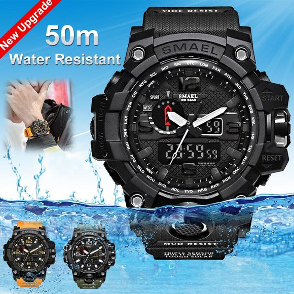 Fashion SMAEL Brand Men Sport S Shock Watch Dual Display Analog Digital LED Electronic Quartz-Watches Man Waterproof Swimming Wrist Watches Male ( Color: Black, Grey, Army Green, Khaki, Orange, Blue, Red & Blue, Black & Green, Black &