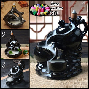 Exquisite New Ceramic Incense Burner Feng Shui Tibet Holder Buddhist Censer + 20 Backflow Cone