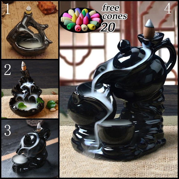 Exquisite New Ceramic Incense Burner Feng Shui Tibet Holder Buddhist Censer + 20 Backflow Cone