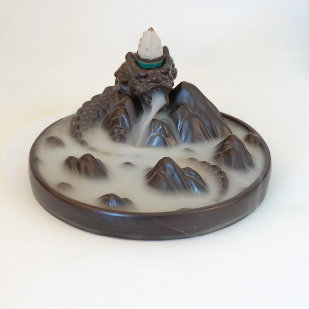 Exquisite Retro dragon Porcelain Ceramic Backflow Incense Burner Holder Buddhist Censer Decoration w/ 20 pcs Incense Cones