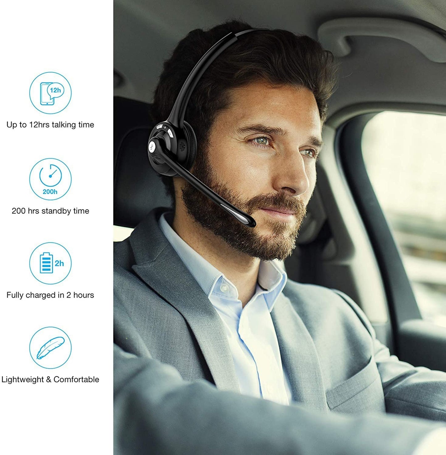 2021 New Pro Trucker Bluetooth Headset/Cell Phone Headset with Microphone, Office Wireless Headset, Over the Head Earpiece, On Ear Car Bluetooth Headphones for Cell Phone, Skype, Truck Driver, Call Center [<lun>]