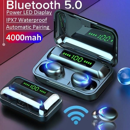 2021 New 9D HiFi Bluetooth 5.0 CVC8.0 Noise Reduction Stereo Wireless TWS Bluetooth Headset LED Display Headset Waterproof Dual Headphones with Power Bank Charging Case (LED Binaural Version 4000mAh)