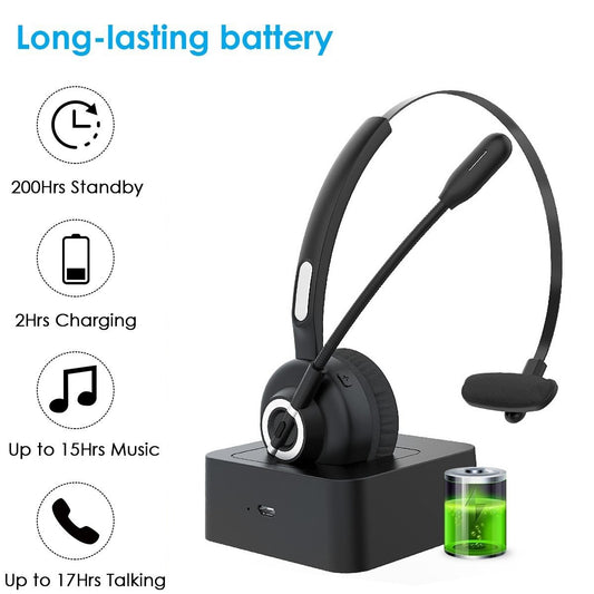 Trucker Bluetooth Headset with Charging Dock,On-Ear Office Wireless Headset with Noise Cancelling Microphone for Call Center,Mobile Phones, Laptop,Skype,VoIP,Truck Drivers,Supports Music
