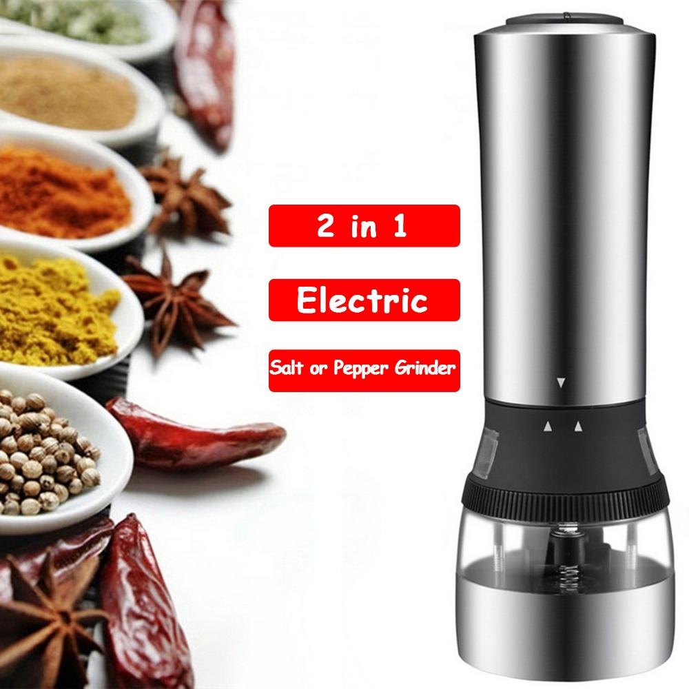 2021 New Stainless Steel Acrylic 2 in 1 Electric Seasoning Salt Pepper Grinder Muller Tool Silver [<lun>]