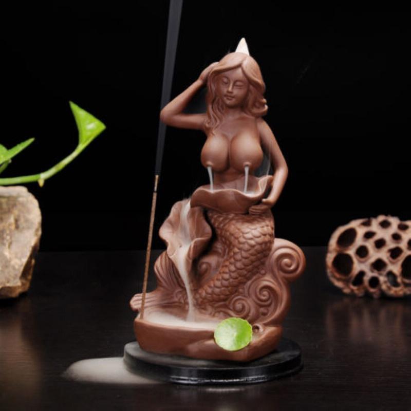 New Brown Nude Mermaid Ceramic Backflow Cone Holder Smoke Censer Incense Burner