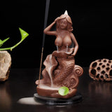 New Brown Nude Mermaid Ceramic Backflow Cone Holder Smoke Censer Incense Burner