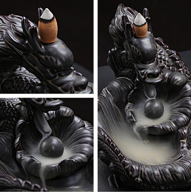 2020 With 60 Incense Cones Buddhist Porcelain Dragon Incense Holder Smoke Backflow Fragrance Retro Art