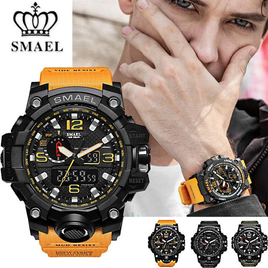 SMAEL Brand Men Sport S Shock Watch Dual Display Analog Digital LED Electronic Quartz-Watches Man Waterproof Swimming Wrist Watches Male ( Color: Black, Grey, Army Green, Khaki, Orange, Blue, Red &amp; Blue, Black &amp; Green, Black &amp;