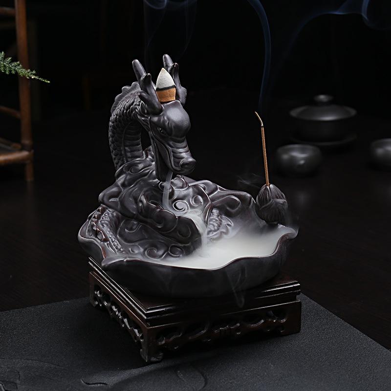 Dragon Incense Waterfall Handmade Backflow Incense Ceremic Incense Holder Aromatherapy Ornament Home Decor [<lun>]