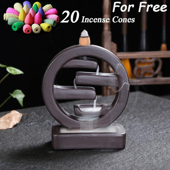 Ceramic Round Handmade  Backflow Incense Holder  Burner, Aromatherapy Ornament Home Decor Meditation Yoga [<lun>]