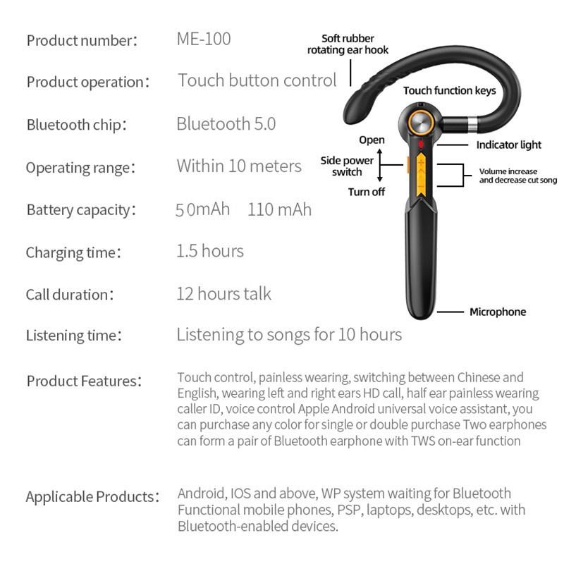 New Fashion Wireless Bluetooth5.0 Earphone, Waterproof Sport Earhook Headset, Noise Cancellation Stereo Bluetooth Headphone, Business Drive Handsfree Headset with Mic Voice Control for Smart Phone