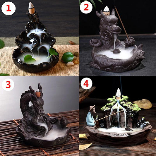 Backflow Ceramic Waterfall Glaze Incense Smoke Cone Burner Holder Home Decor [<lun>]