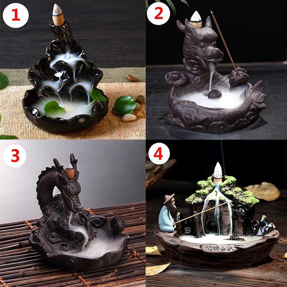 Backflow Ceramic Waterfall Glaze Incense Smoke Cone Burner Holder Home Decor [<lun>]