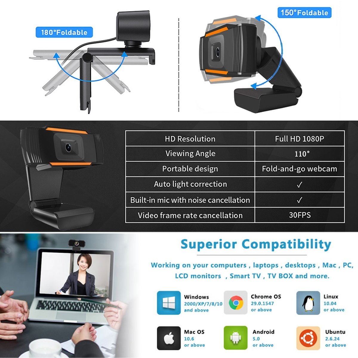 Full HD Webcam 1080P, Streaming Camera, Widescreen Video Calling and Recording with Microphone, USB Wide Angle Skype Camera with Facial-Enhancement Technology, Desktop, Laptop