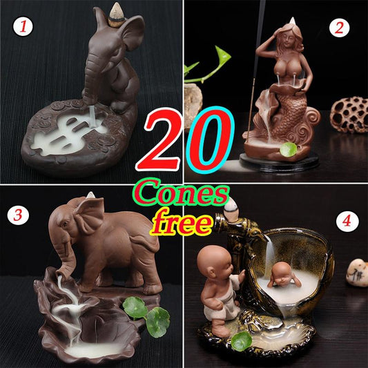 New  Backflow incense burner Creative ceramic Backflow Cone Holder Smoke Incense Burner 20 incense cones for free