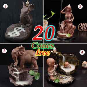 New  Backflow incense burner Creative ceramic Backflow Cone Holder Smoke Incense Burner 20 incense cones for free