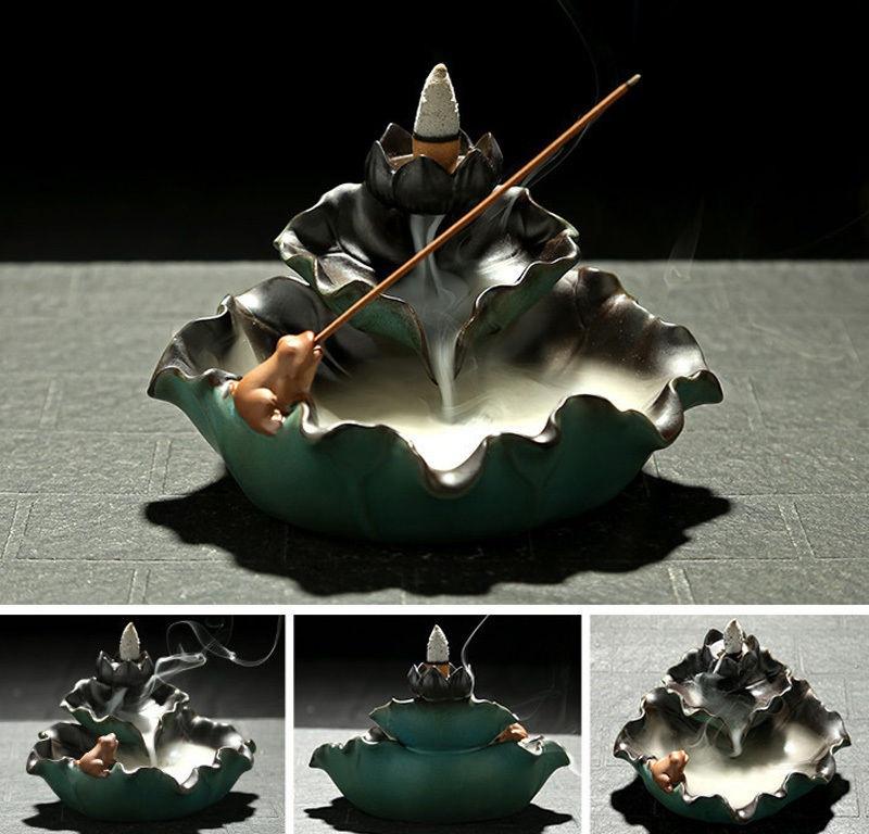 New Ceramic Incense Burner Feng Shui Tibet Holder Buddhist Censer + 60 Backflow Cone