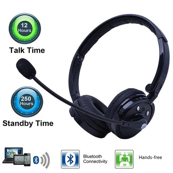 Bluetooth Headset with Microphone, Over-The-Head Wireless Stereo Headphones (Music Streaming, Hands-Free In Car, Up To 12 Hours, Noise Cancelling) for Truck Drivers and Telephone Operator (Black)