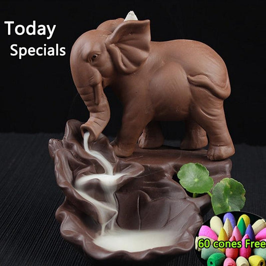 Purple sand Home Decor Elephant Censer Backflow Incense Burner 60 incense cones for free (Color: Brown)