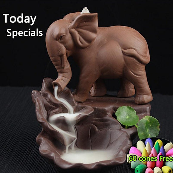 Purple sand Home Decor Elephant Censer Backflow Incense Burner 60 incense cones for free (Color: Brown)