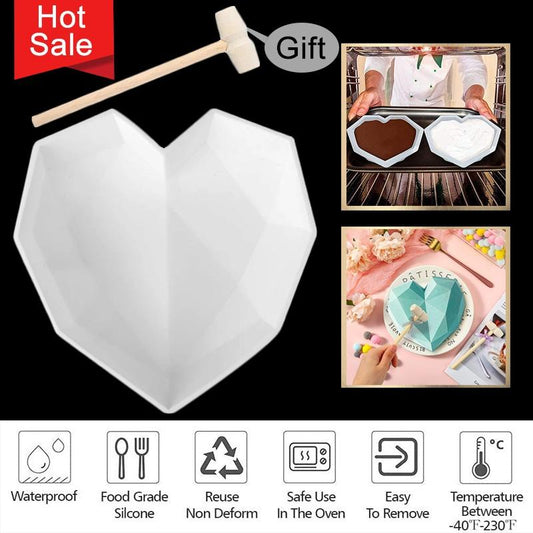 3D Diamond Love Heart Shape Silicone Cake Mold Non-stick Silicone Baking Mold Sponge Chiffon Mousse Dessert Molds for Birthday Valentine's Day [<lun>]