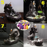 Exquisite Retro dragon Porcelain Ceramic Backflow Incense Burner Holder Buddhist Censer Decoration w/ 20 pcs Incense Cones