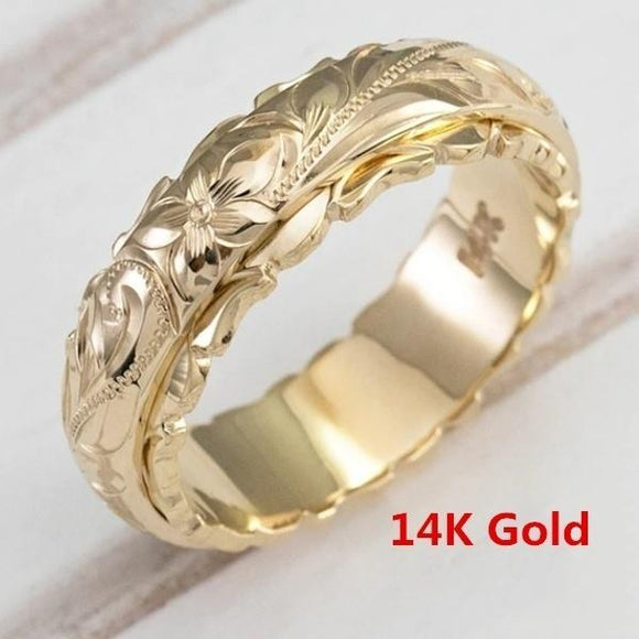 14K Gold Ring for Women Hang Engraved Flower Ring Anniversary Gifts Bride Wedding Engagement Rings (Size 5/6/7/8/9/10/11)