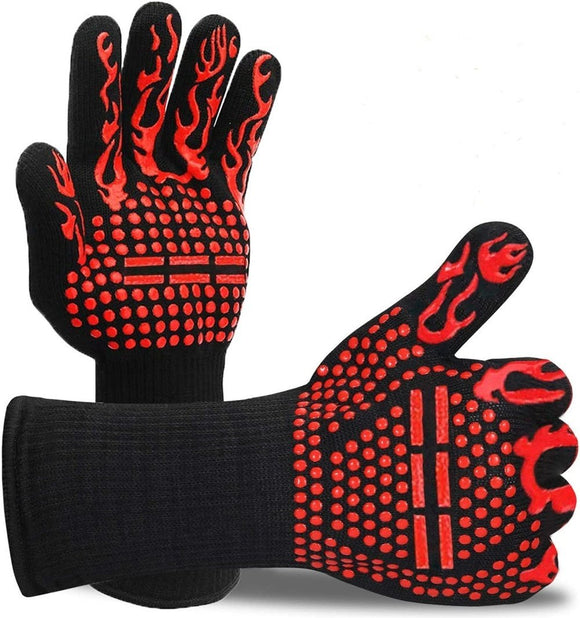 BBQ Grill Gloves, 1472°F Extreme Heat Resistant Oven Mitts, Silicone Non-Slip Kitchen Cooking Gloves for Barbecue, Cooking, Baking, Grilling,(Color: red)