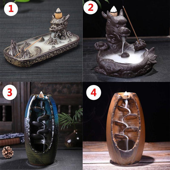 Ceramic sculpture reflux waterfall incense burner, can be used for home decoration meditation yoga gift [<lun>]