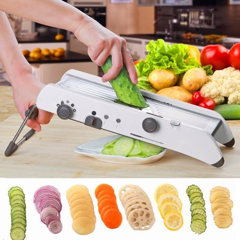 New Mandoline Food Slicer, Stainless Steel Adjustable Vegetable Cutter Manual Kitchen Vegetable Shredder Julienne Chopper for Potato French Fries Fruits Vegetable Salad White [<lun>]