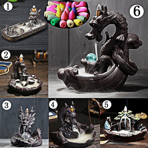 Exquisite Ceramic Dragon Statue Backflow Incense Burner Home Fragrance Air Fresheners for Home Office Living Room + 20Pcs Incense Cones