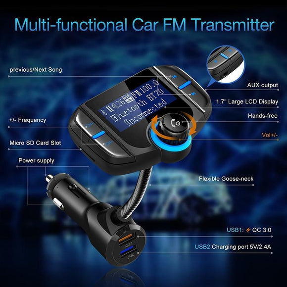 Bluetooth FM Transmitter with Quick Charge 3.0, Wireless Car Radio Transmitter Kit with 1.7” LED Display, Dual USB Ports, compatible with iPhone, etc, Hands Free Kit