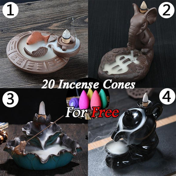 Characteristic Chinese style Handmade Ceramic Backflow Incense Holder Waterfall Incense Burner, Aromatherapy Ornament Home Decor Meditation Yoga +  20 Backflow Incense Cones [<lun>]