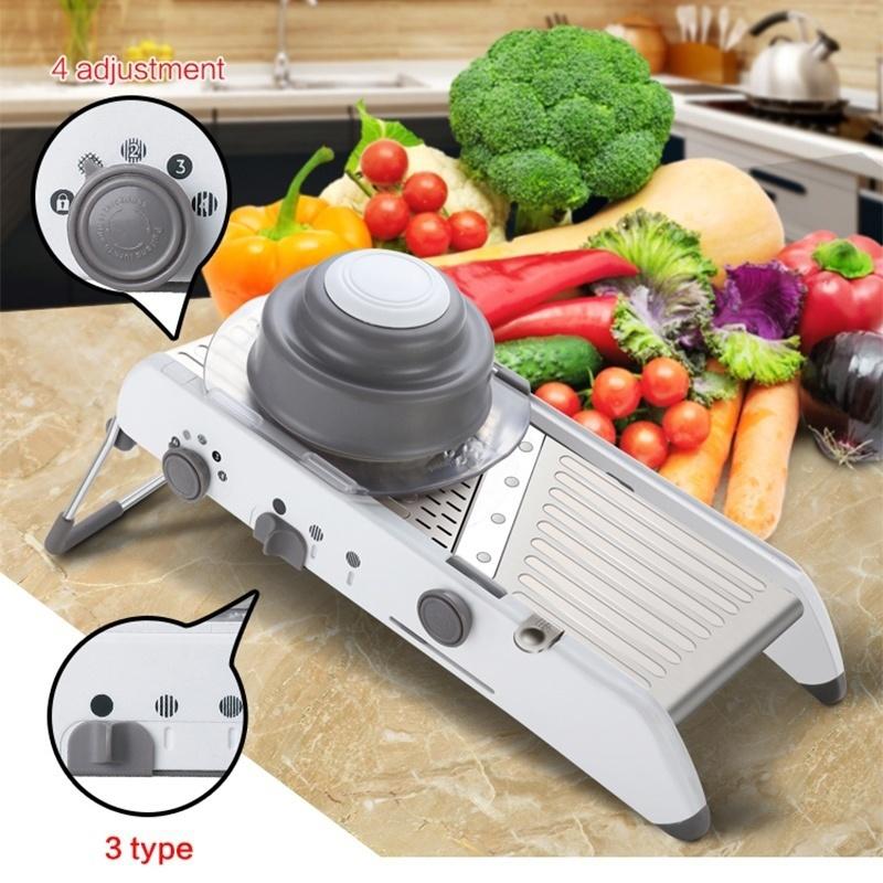New Mandoline Food Slicer, Stainless Steel Adjustable Vegetable Cutter Manual Kitchen Vegetable Shredder Julienne Chopper for Potato French Fries Fruits Vegetable Salad White [<lun>]